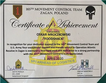 Почесна відзнака армії США для FoodShack Żagań